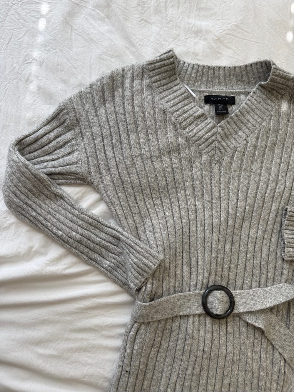 Tahari Gray Rib-Knit Belted Sweater Dress - Picture 3 of 4